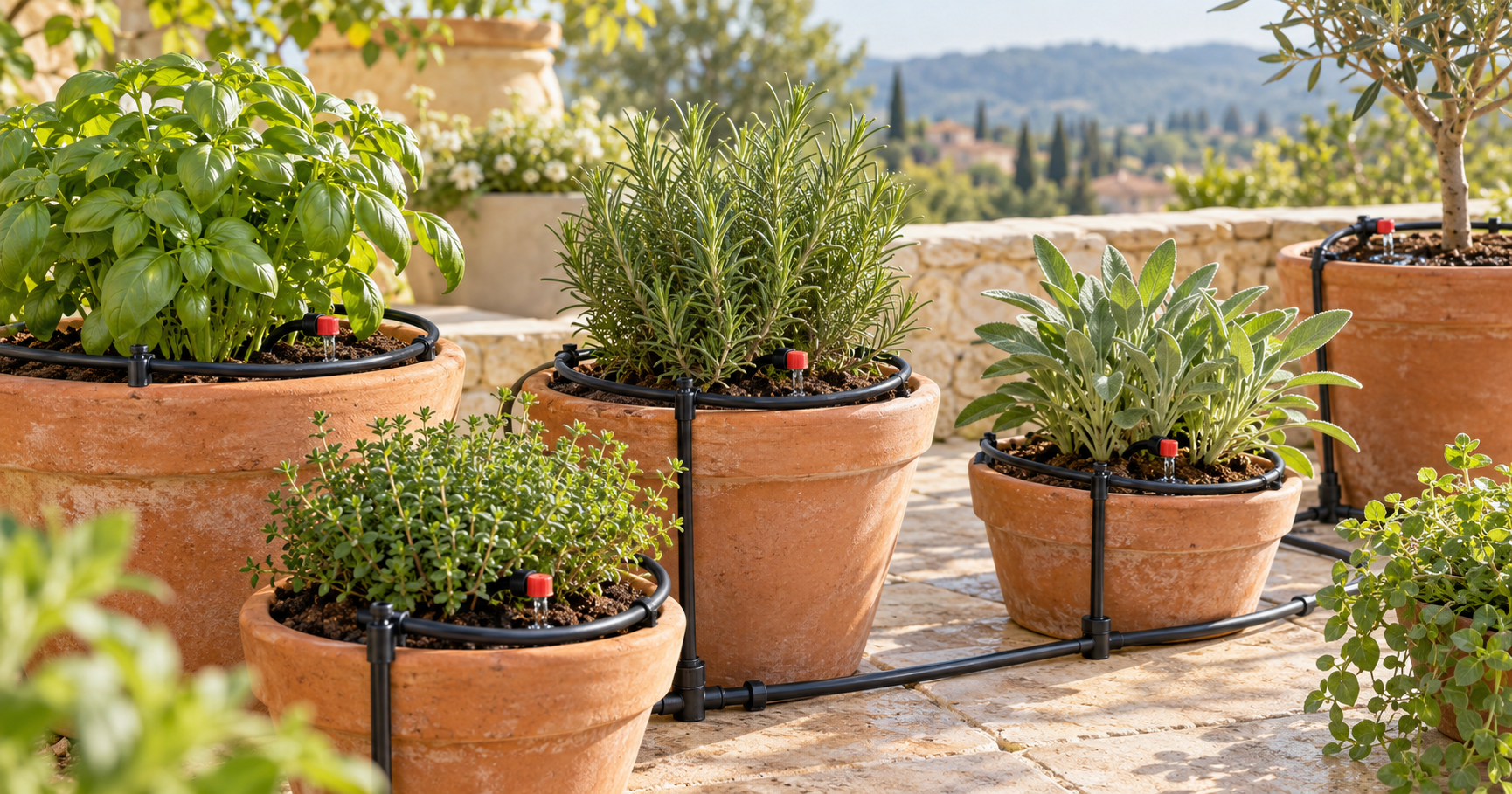 Micro irrigation lines installed around potted plants